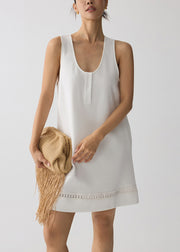 Women White U Neck Hollow Out Cotton Mini Dress Summer