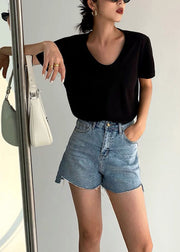 Women White U Neck Simple Cotton T Shirt Summer
