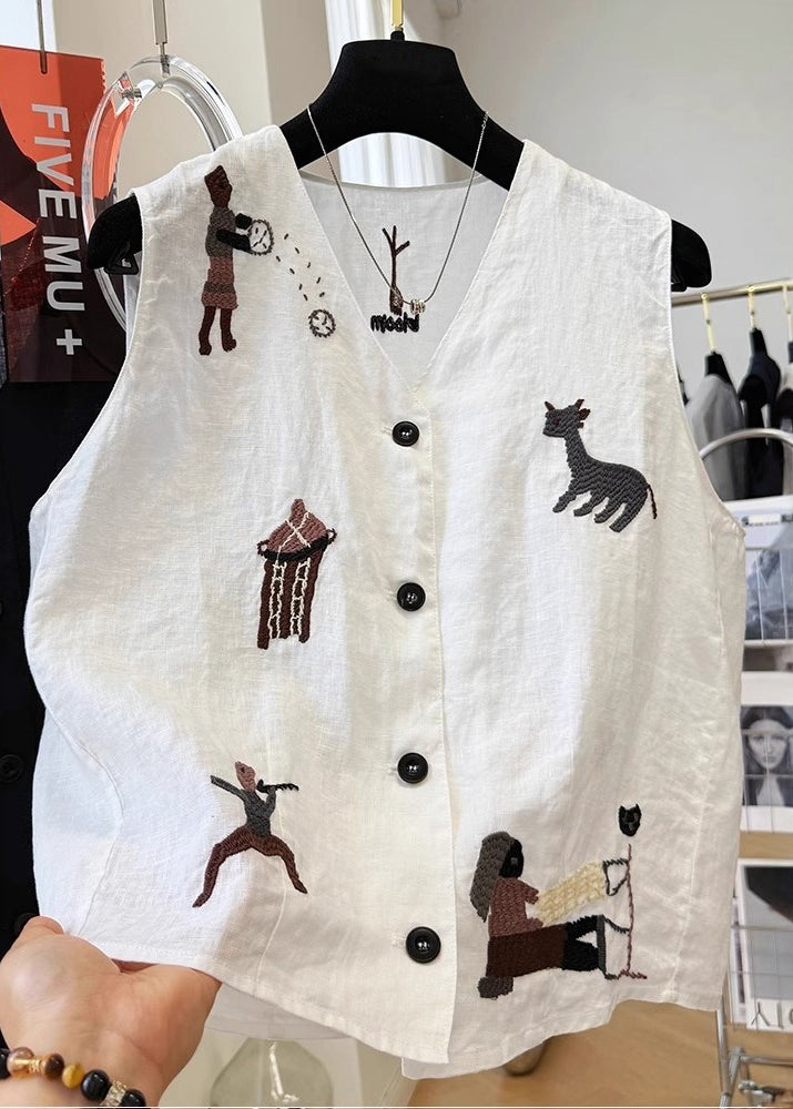 Women White V Neck Embroideried Cotton Vest Sleeveless