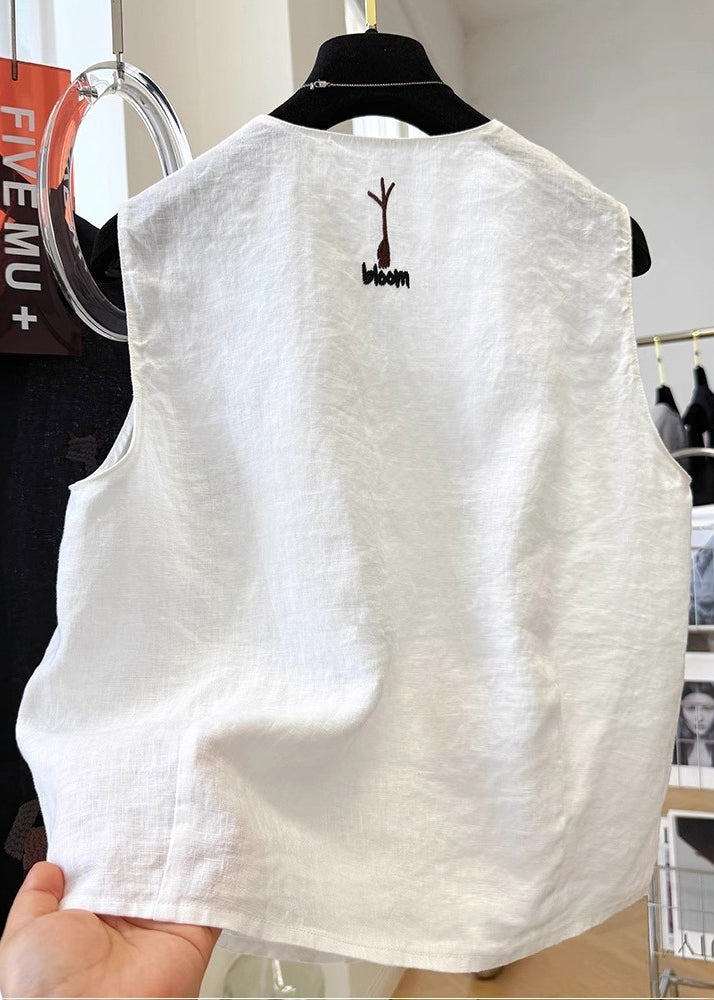 Women White V Neck Embroideried Cotton Vest Sleeveless