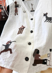 Women White V Neck Embroideried Cotton Vest Sleeveless