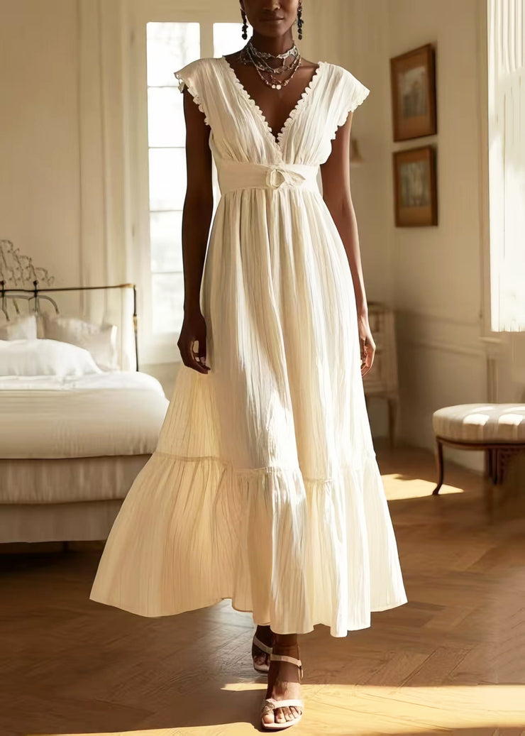 Women White V Neck Exra Large Hem Cotton Long Dress Sleeveless