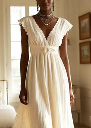 Women White V Neck Exra Large Hem Cotton Long Dress Sleeveless