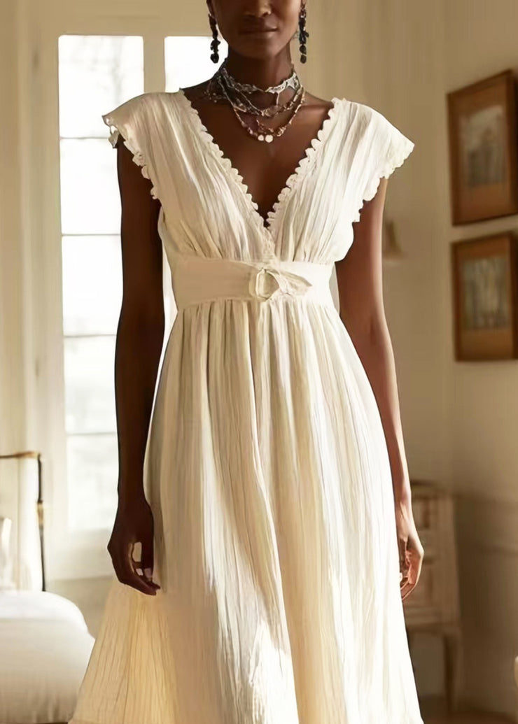 Women White V Neck Exra Large Hem Cotton Long Dress Sleeveless