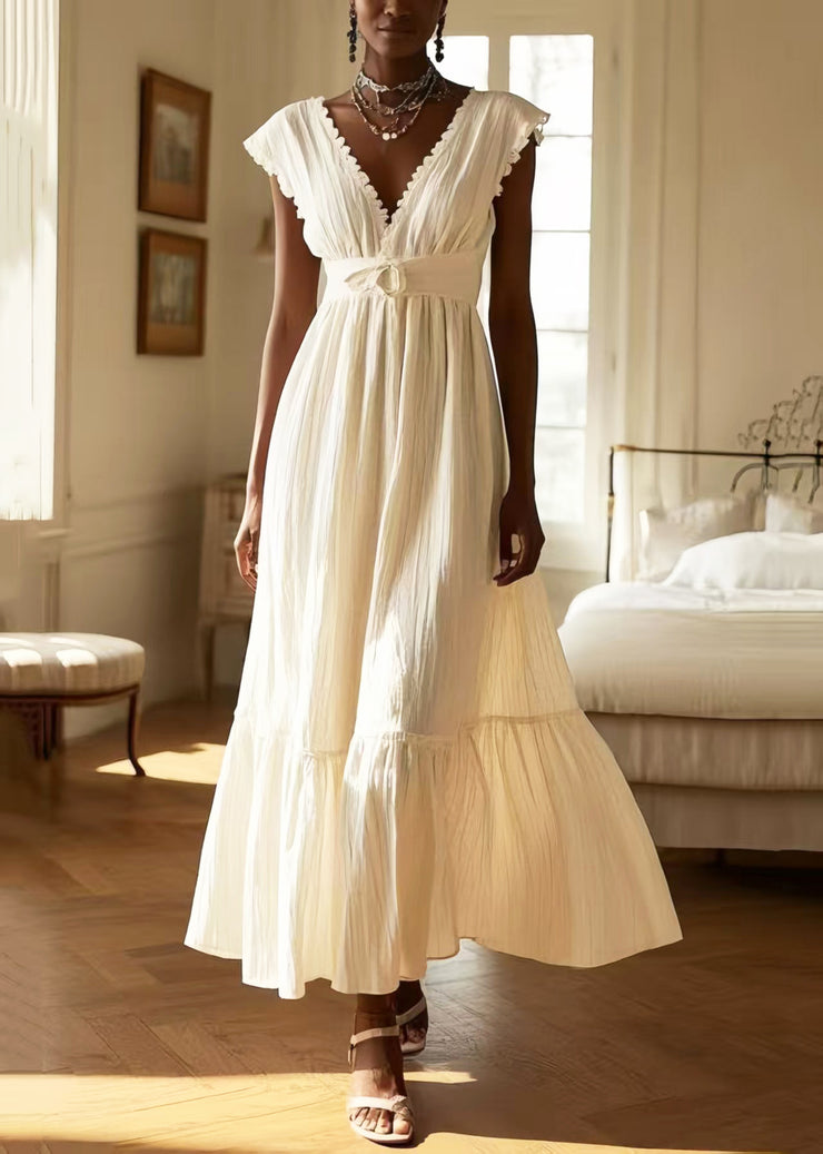 Women White V Neck Exra Large Hem Cotton Long Dress Sleeveless