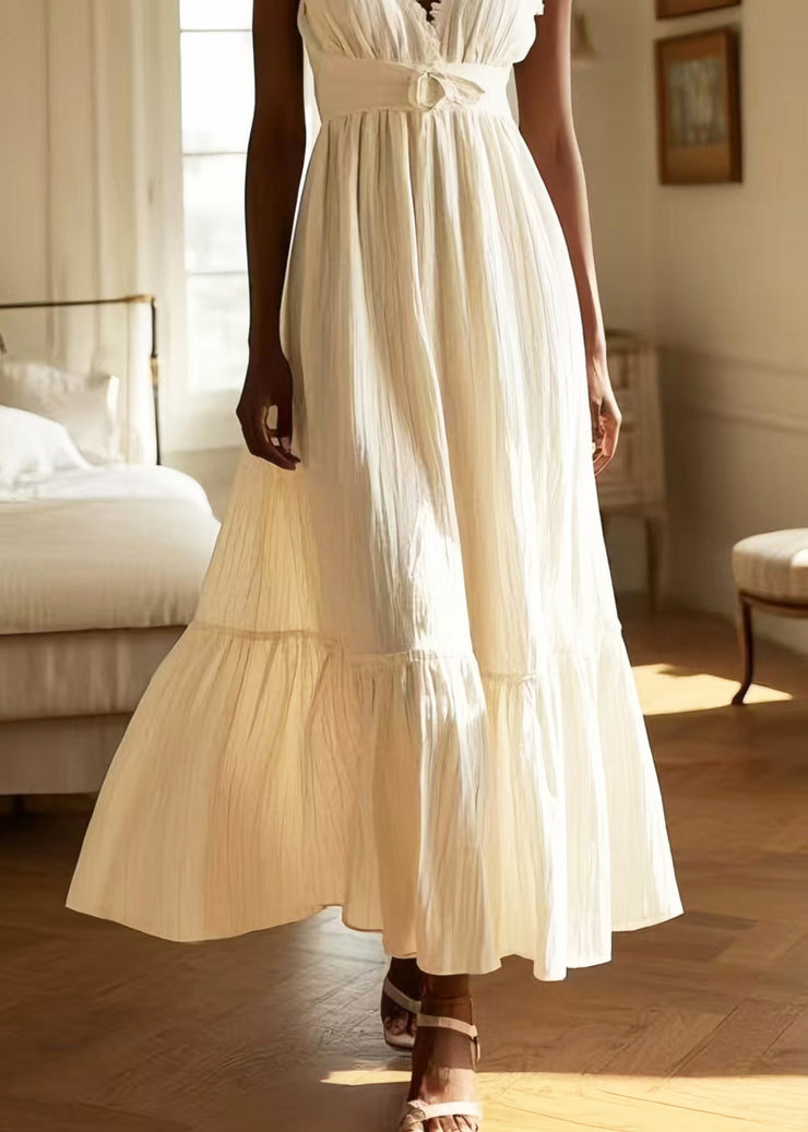 Women White V Neck Exra Large Hem Cotton Long Dress Sleeveless