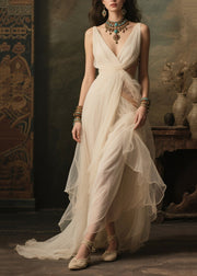 Women White V Neck Exra Large Hem Tulle Robe Dresses Summer