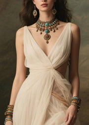 Women White V Neck Exra Large Hem Tulle Robe Dresses Summer