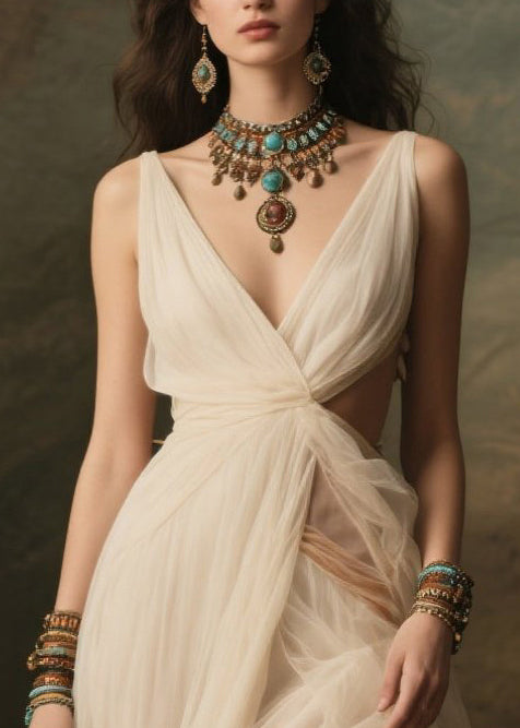 Women White V Neck Exra Large Hem Tulle Robe Dresses Summer