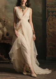 Women White V Neck Exra Large Hem Tulle Robe Dresses Summer