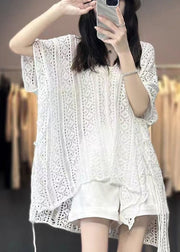 Women White V Neck Hollow Out Knit T Shirts Summer