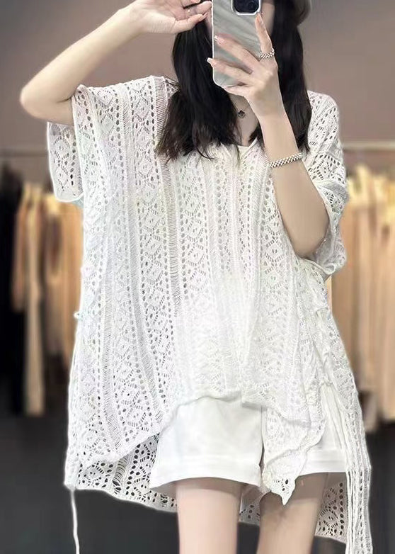 Women White V Neck Hollow Out Knit T Shirts Summer
