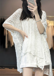 Women White V Neck Hollow Out Knit T Shirts Summer