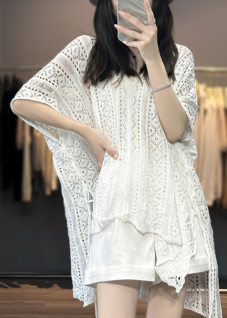 Women White V Neck Hollow Out Knit T Shirts Summer