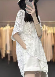 Women White V Neck Hollow Out Knit T Shirts Summer