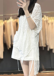 Women White V Neck Hollow Out Knit T Shirts Summer