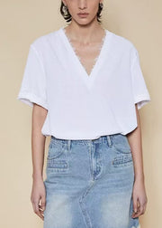 Women White V Neck Lace Patchwork Cotton T Shirt Summer