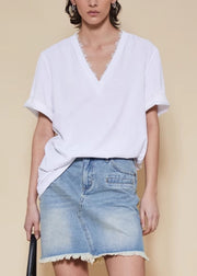 Women White V Neck Lace Patchwork Cotton T Shirt Summer