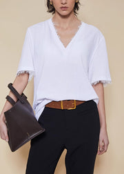Women White V Neck Lace Patchwork Cotton T Shirt Summer