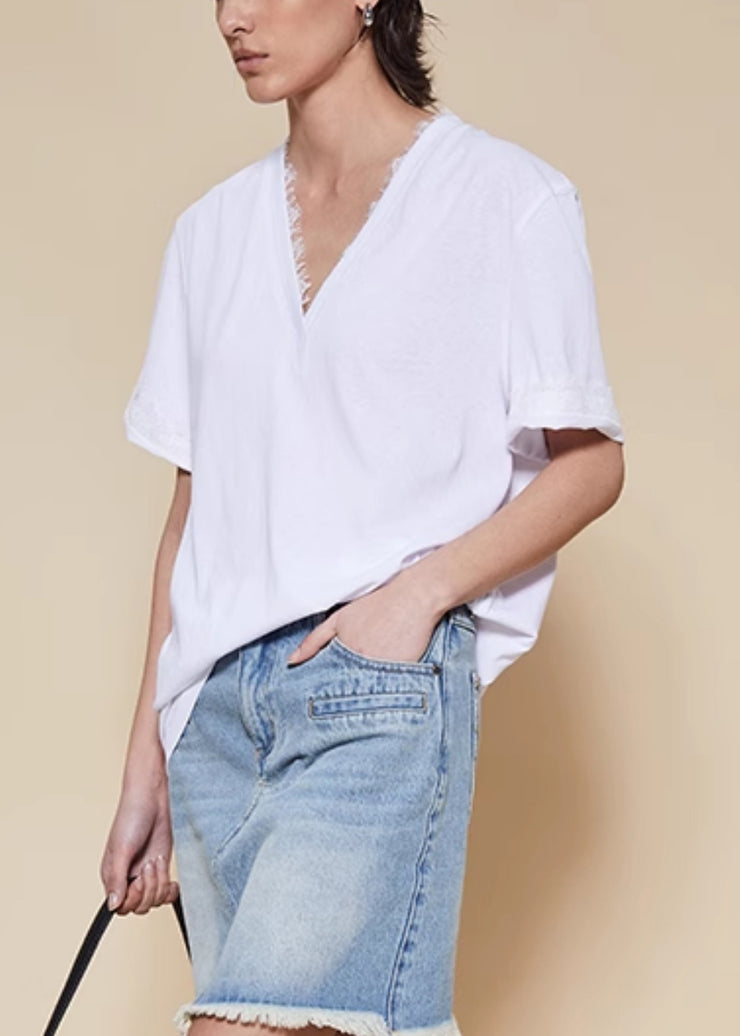 Women White V Neck Lace Patchwork Cotton T Shirt Summer