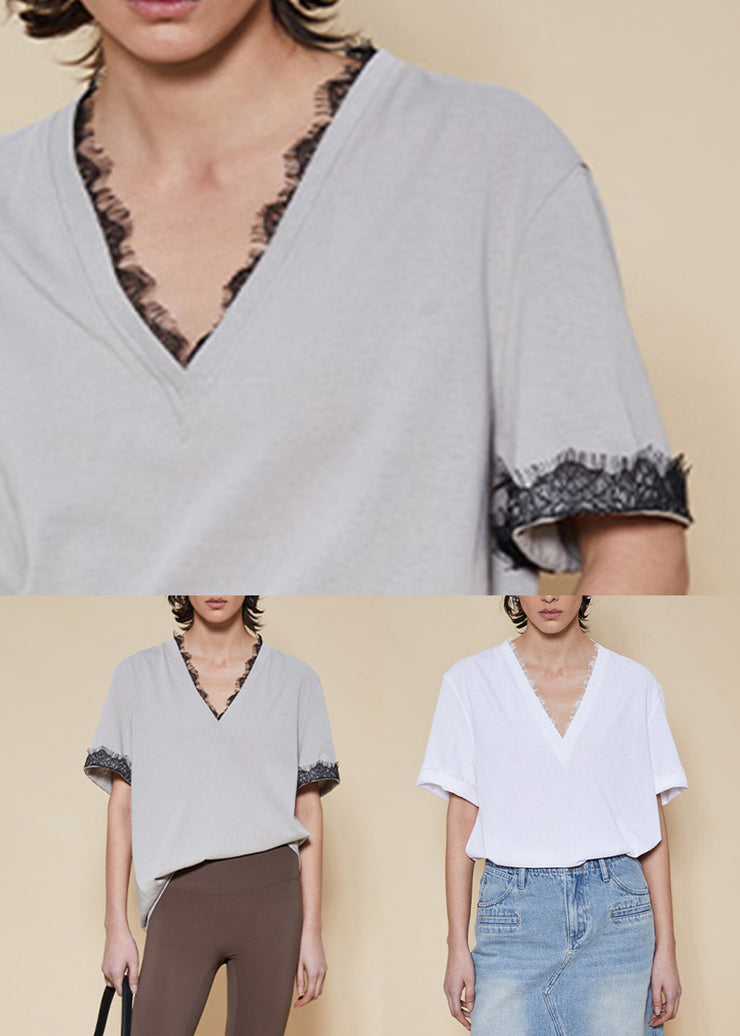 Women White V Neck Lace Patchwork Cotton T Shirt Summer