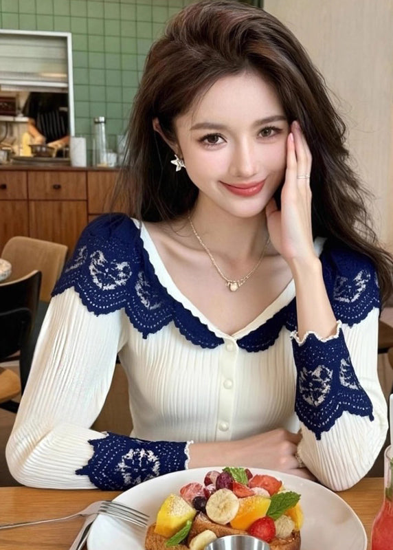 Women White V Neck Lace Patchwork Knit Tops Spring