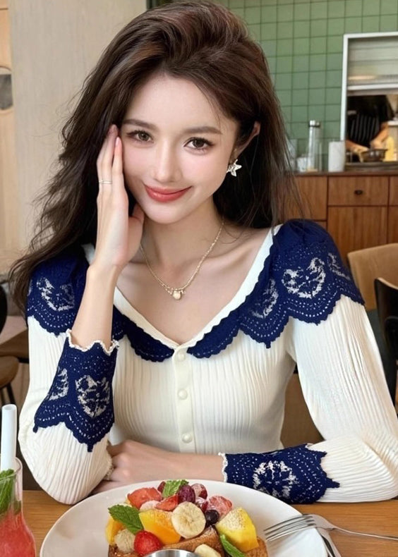 Women White V Neck Lace Patchwork Knit Tops Spring
