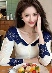 Women White V Neck Lace Patchwork Knit Tops Spring