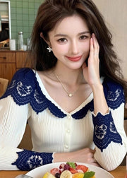 Women White V Neck Lace Patchwork Knit Tops Spring