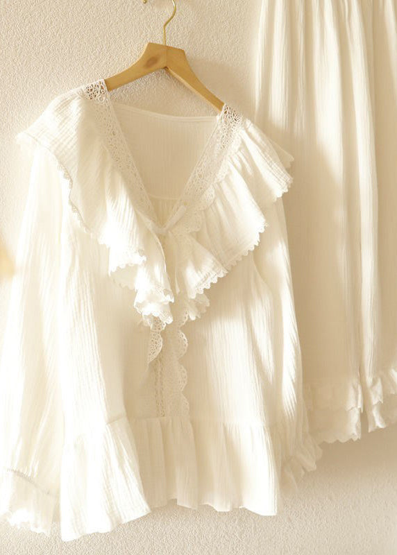 Women White V Neck Patchwork Cotton Pajamas Two Pieces Set Fall