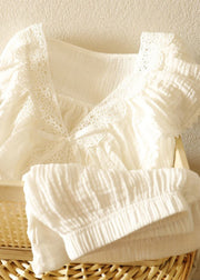 Women White V Neck Patchwork Cotton Pajamas Two Pieces Set Fall