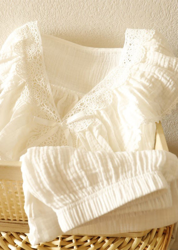 Women White V Neck Patchwork Cotton Pajamas Two Pieces Set Fall