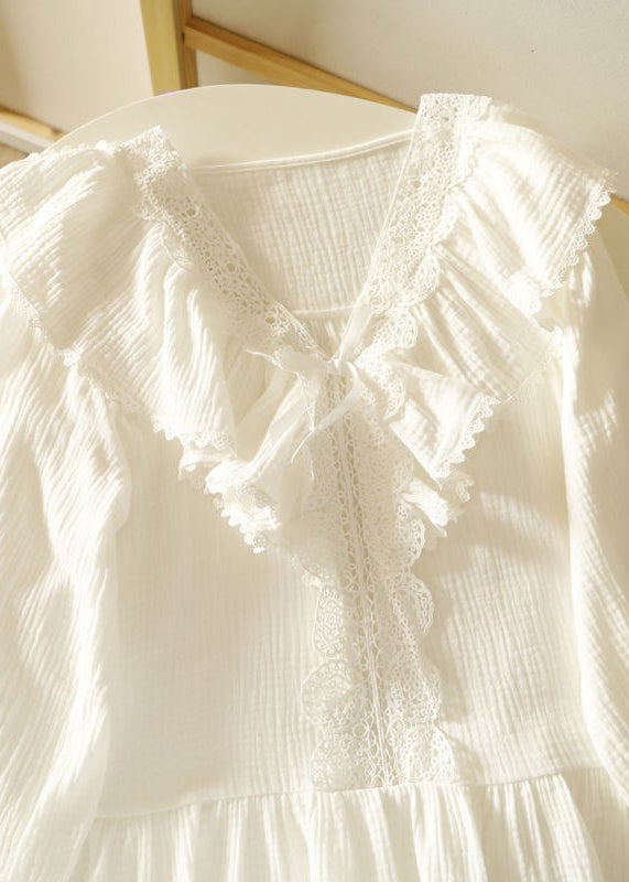 Women White V Neck Patchwork Cotton Pajamas Two Pieces Set Fall