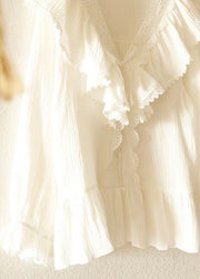 Women White V Neck Patchwork Cotton Pajamas Two Pieces Set Fall