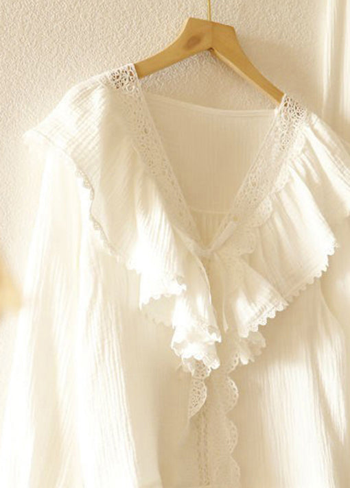 Women White V Neck Patchwork Cotton Pajamas Two Pieces Set Fall