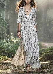 Women White V Neck Print Chiffon Dress Bracelet Sleeve