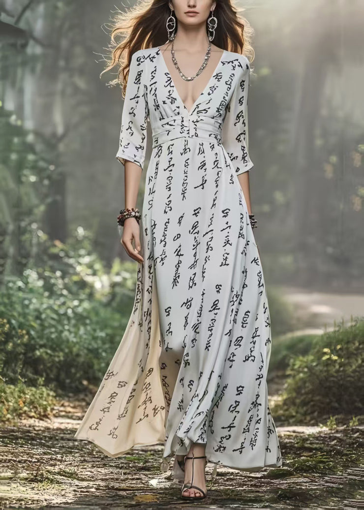 Women White V Neck Print Chiffon Dress Bracelet Sleeve