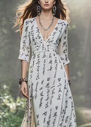Women White V Neck Print Chiffon Dress Bracelet Sleeve