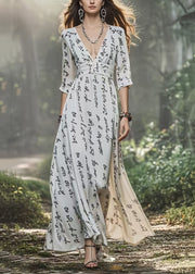 Women White V Neck Print Chiffon Dress Bracelet Sleeve