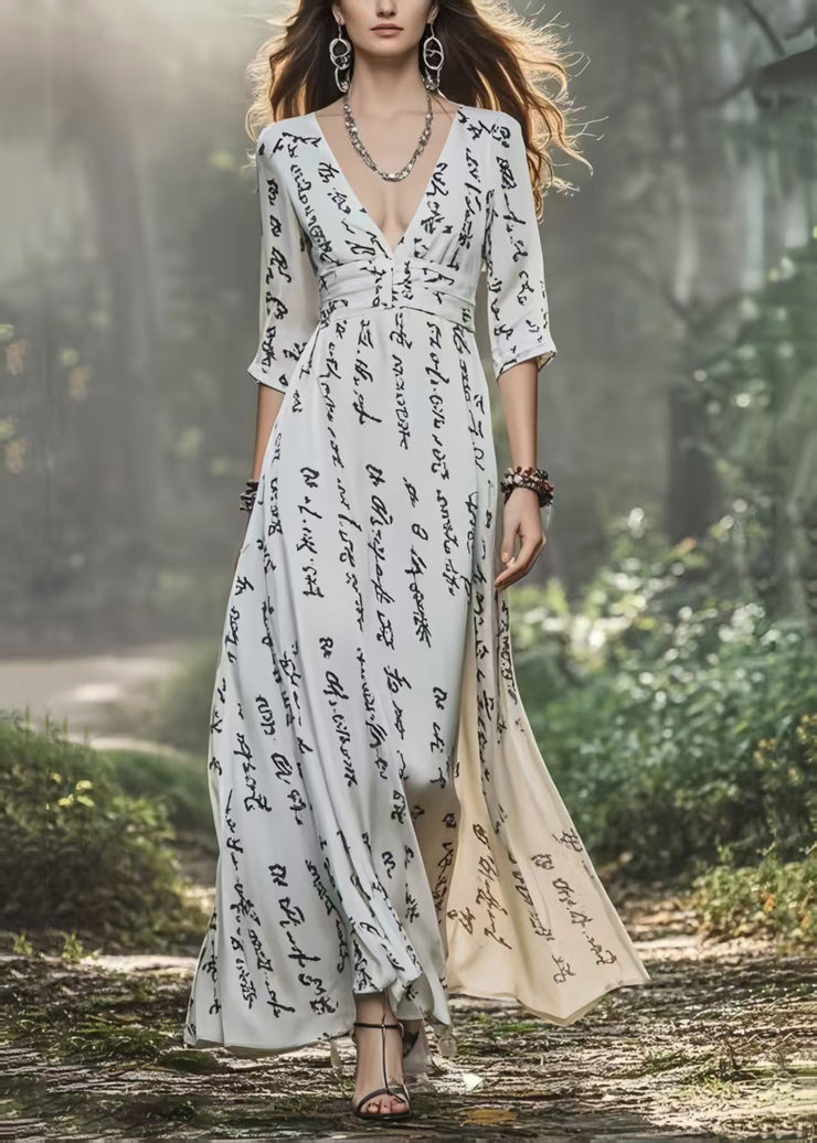 Women White V Neck Print Chiffon Dress Bracelet Sleeve