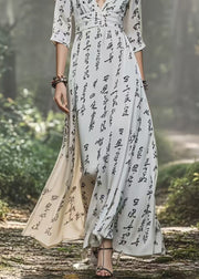 Women White V Neck Print Chiffon Dress Bracelet Sleeve