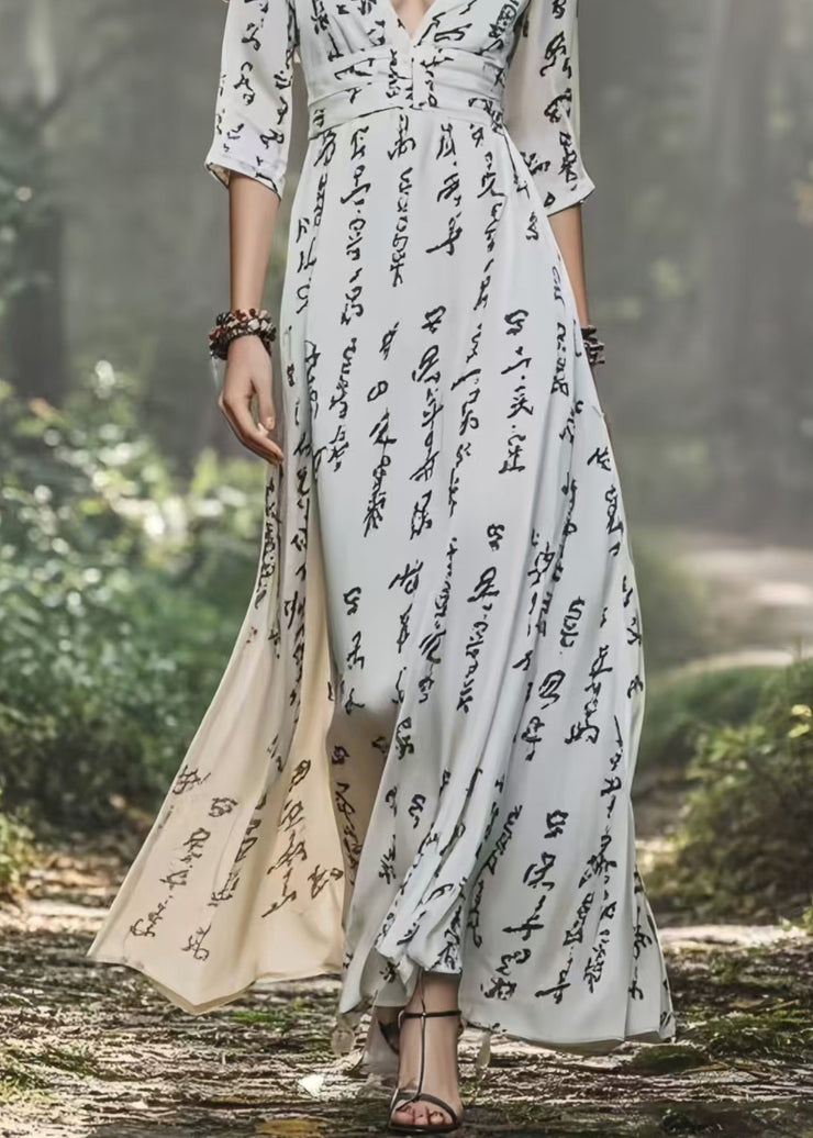Women White V Neck Print Chiffon Dress Bracelet Sleeve
