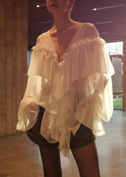 Women White V Neck Ruffled Patchwork Chiffon Shirt Flare Sleeve