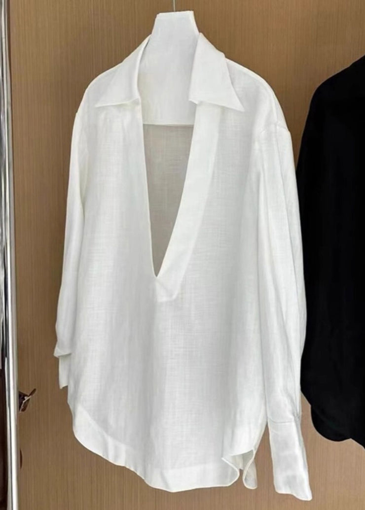 Women White V Neck Solid Cotton Blouses Fall