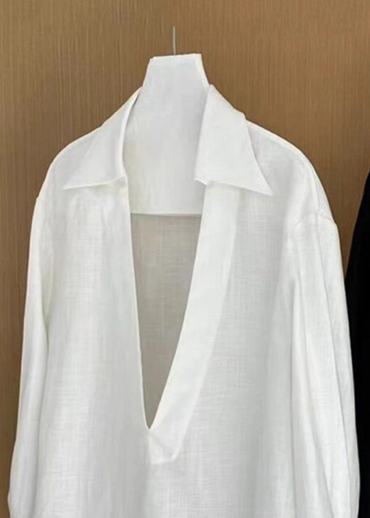 Women White V Neck Solid Cotton Blouses Fall