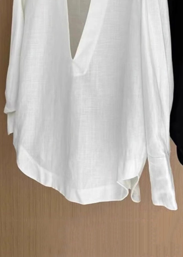 Women White V Neck Solid Cotton Blouses Fall