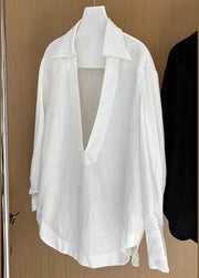 Women White V Neck Solid Cotton Blouses Fall