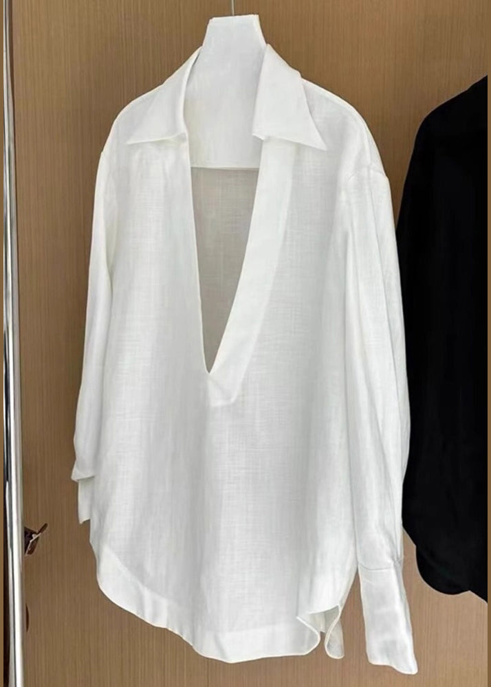 Women White V Neck Solid Cotton Blouses Fall