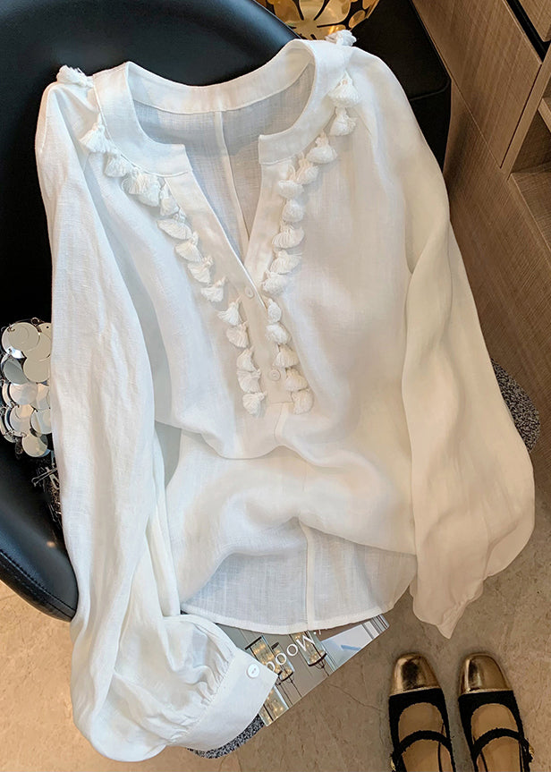 Women White V Neck Tasseled Solid Linen Shirt Fall