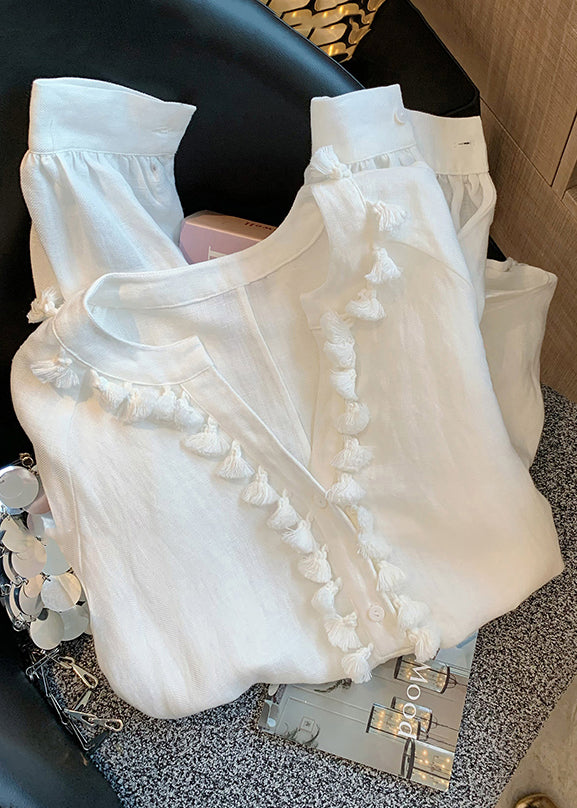 Women White V Neck Tasseled Solid Linen Shirt Fall